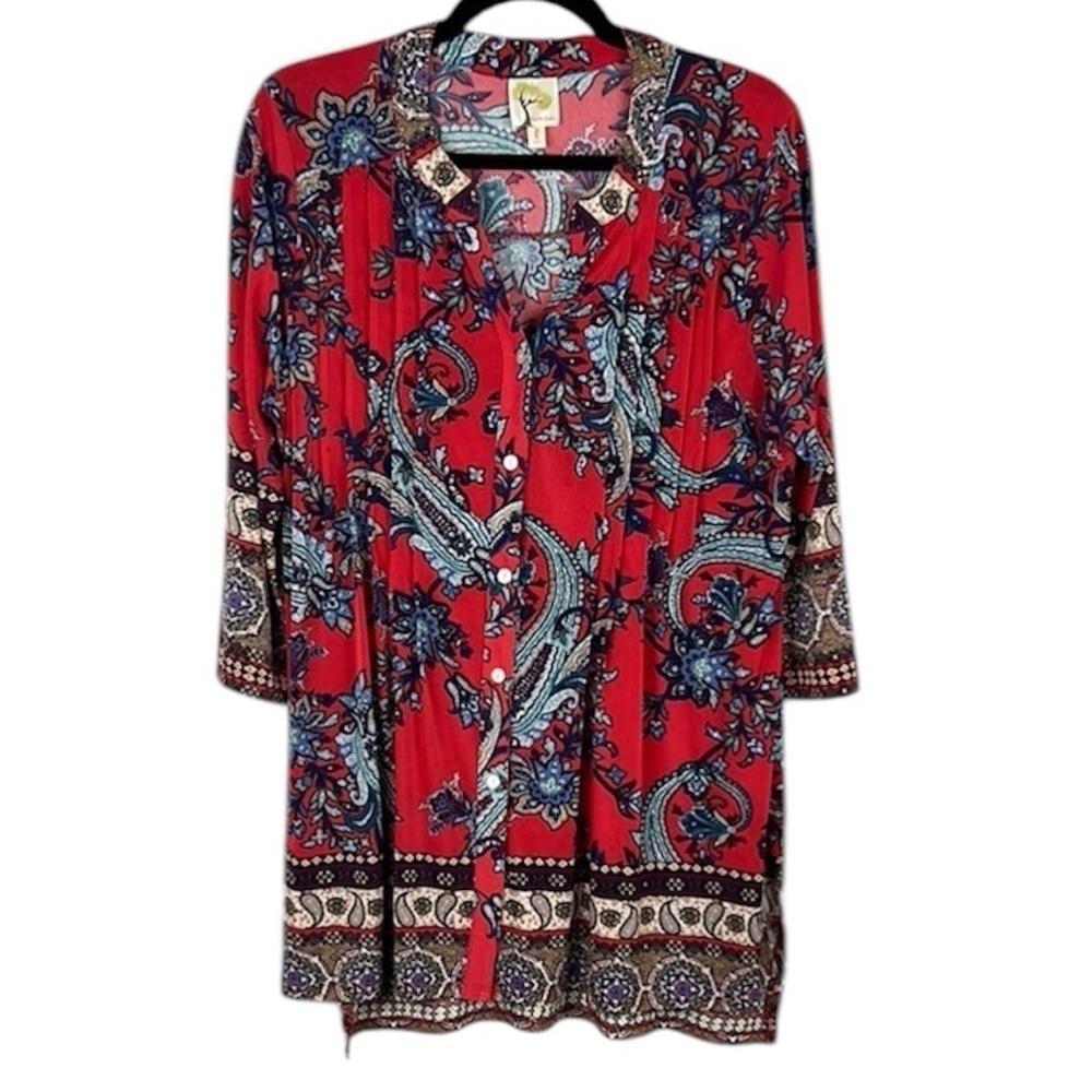 Fig & Flower Paisley Floral Button Front Longline Pleated Tunic Top Large Red